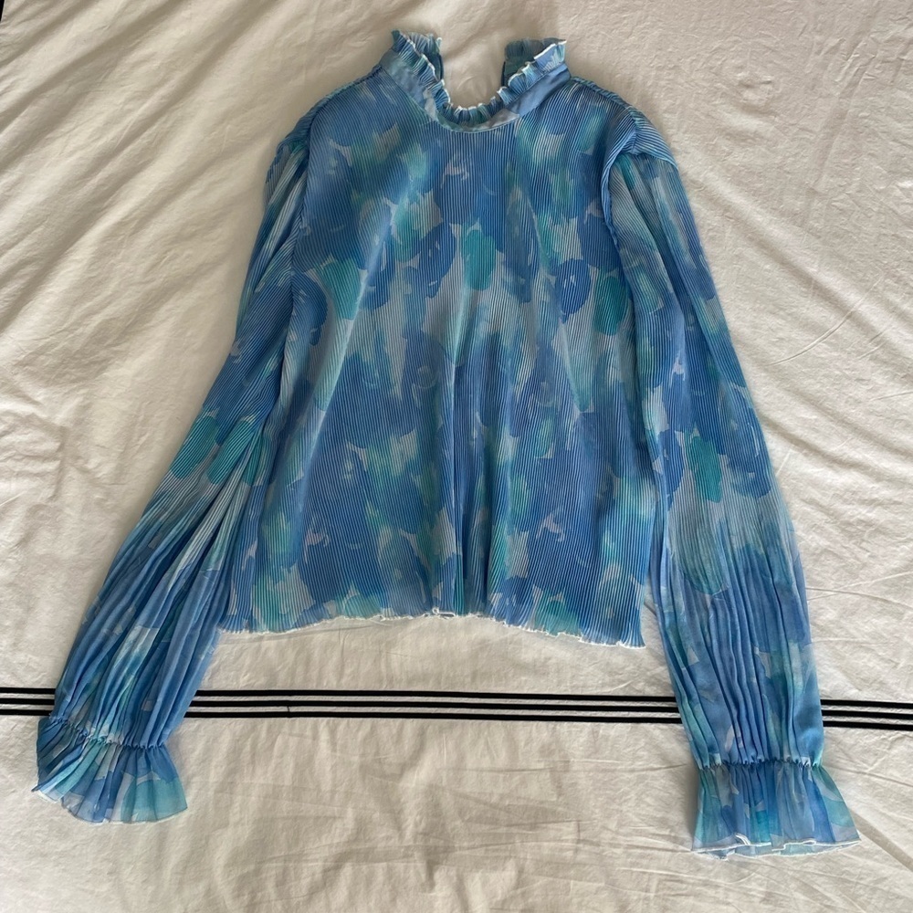 Ganni- Blue Tie Dye Accordion High Neck Longsleeve Blouse - Picture 5 of 8